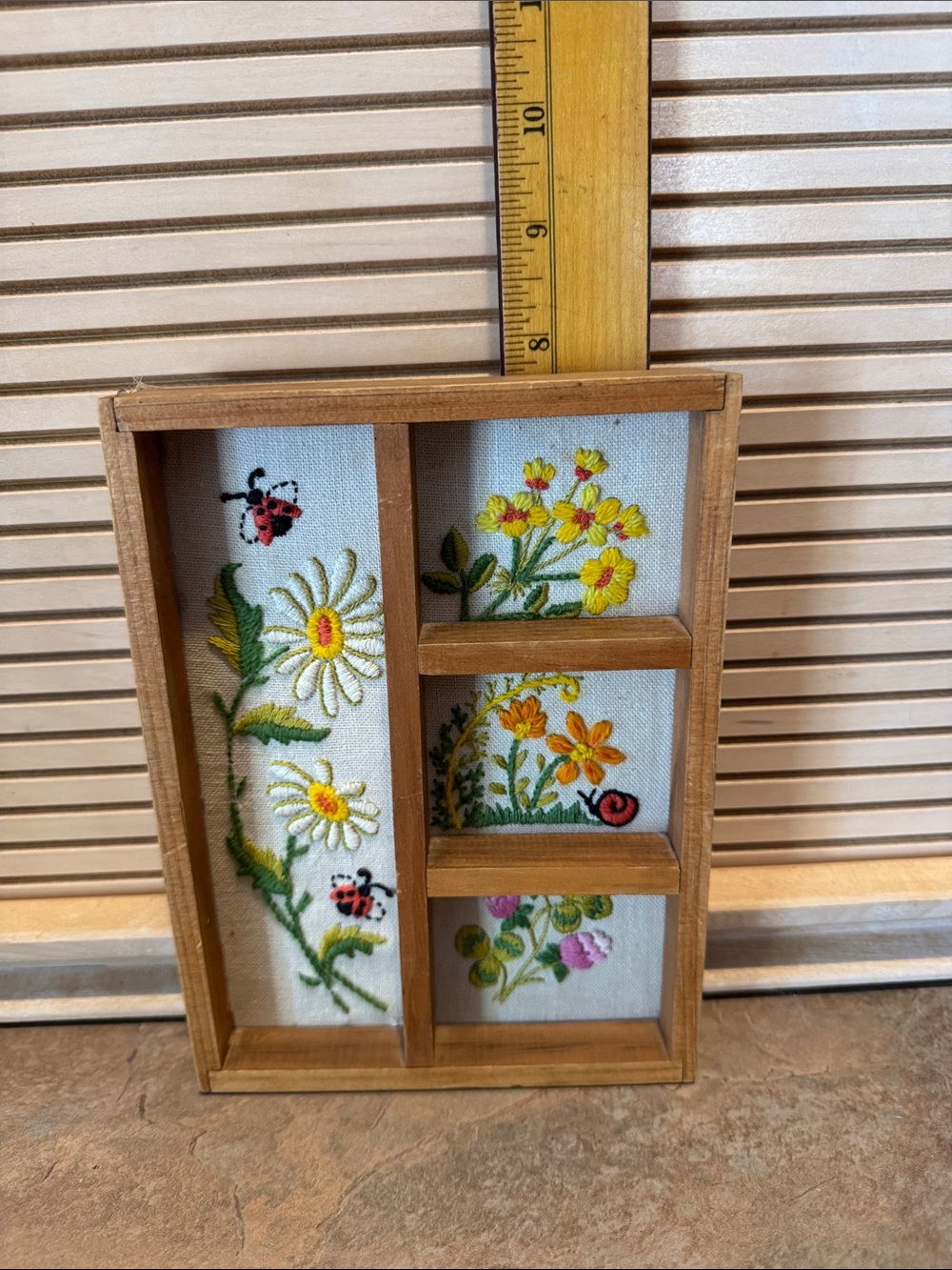 Floral Embroidery Wooden Shadow Box Wall Decor - Yellow & White
